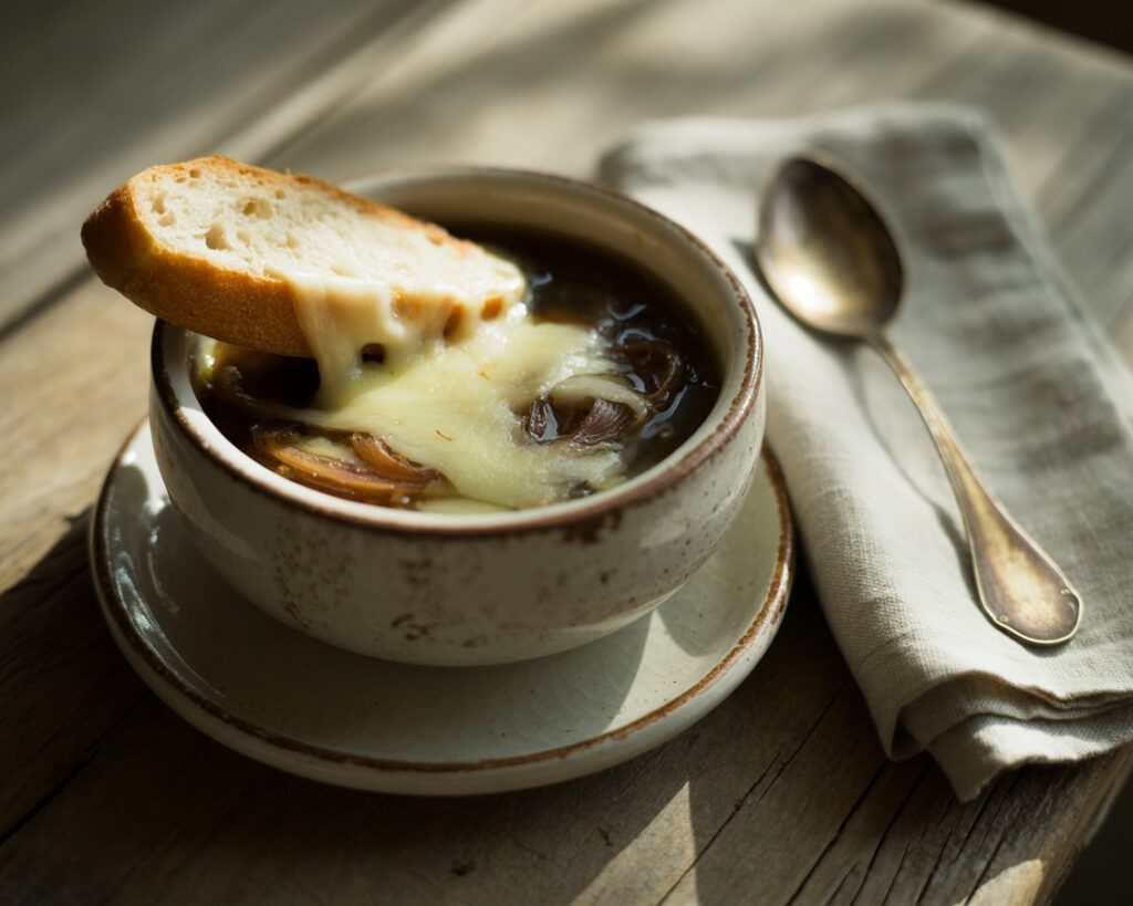Hot French onion soup with caramelized onions cheese and baguette slices