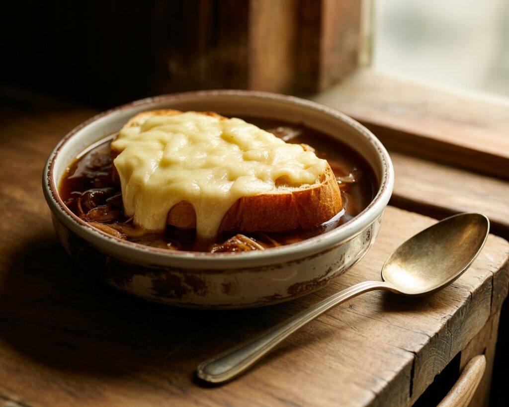 Homemade French onion soup served with fresh herbs and toasted bread on top