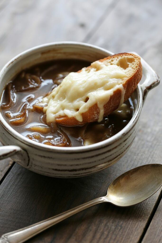 Close up of homemade French onion soup with golden cheese crust