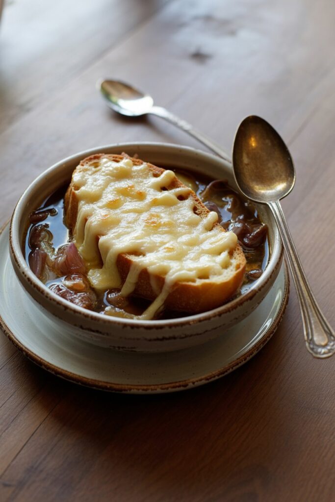 Bowl of French onion soup topped with melted cheese and toasted bread