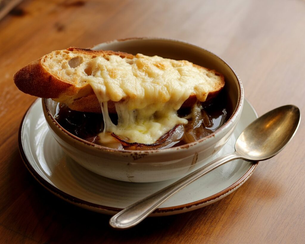 Comforting French onion soup with bubbling cheese and savory broth