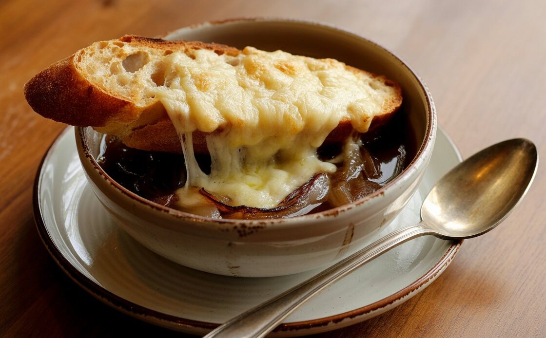 Comforting French onion soup with bubbling cheese and savory broth