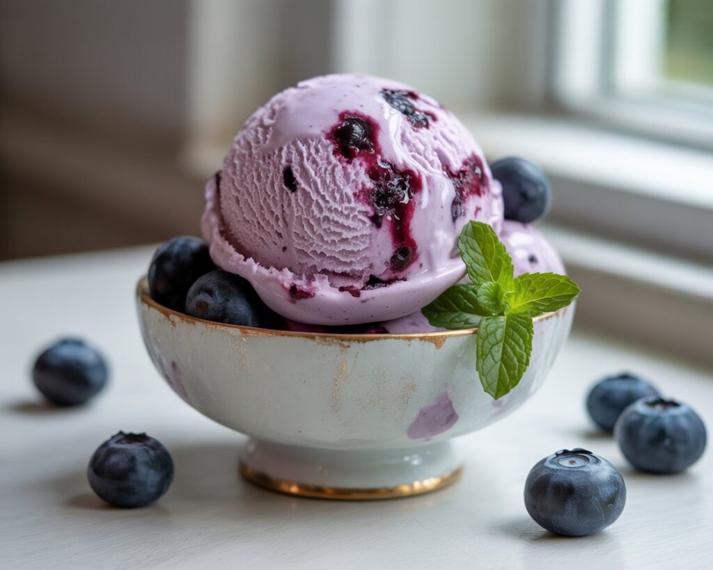 Bowl of creamy blueberry ice cream topped with fresh blueberries