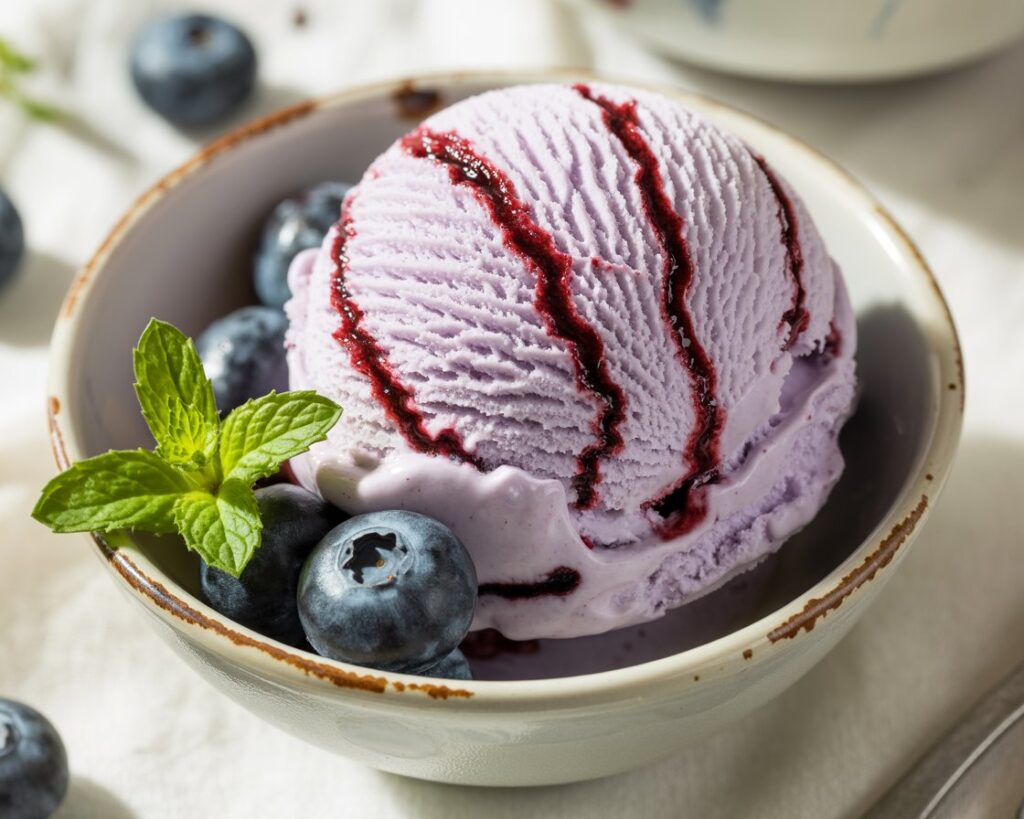Blueberry ice cream served in bowl with mint leaves and berries