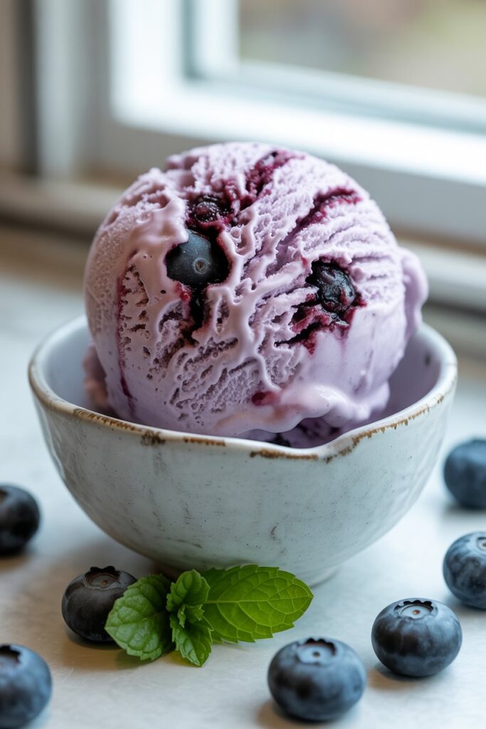 Glass dessert cup filled with blueberry ice cream and fresh berry garnish