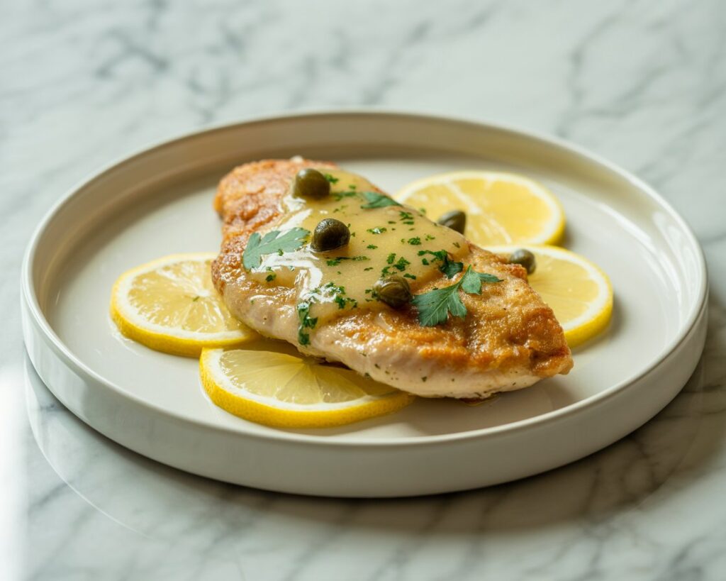 Close-up of crispy chicken francese garnished with herbs.