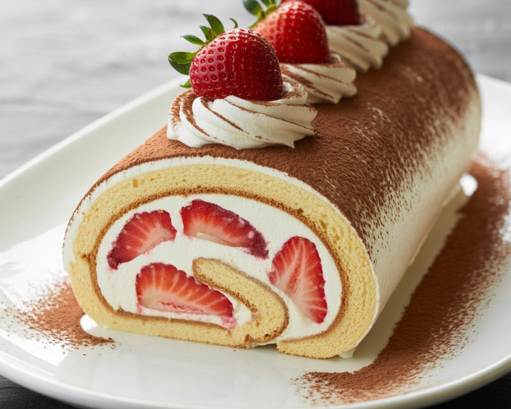 Freshly made strawberry tiramisu roll on a serving tray with elegant presentation