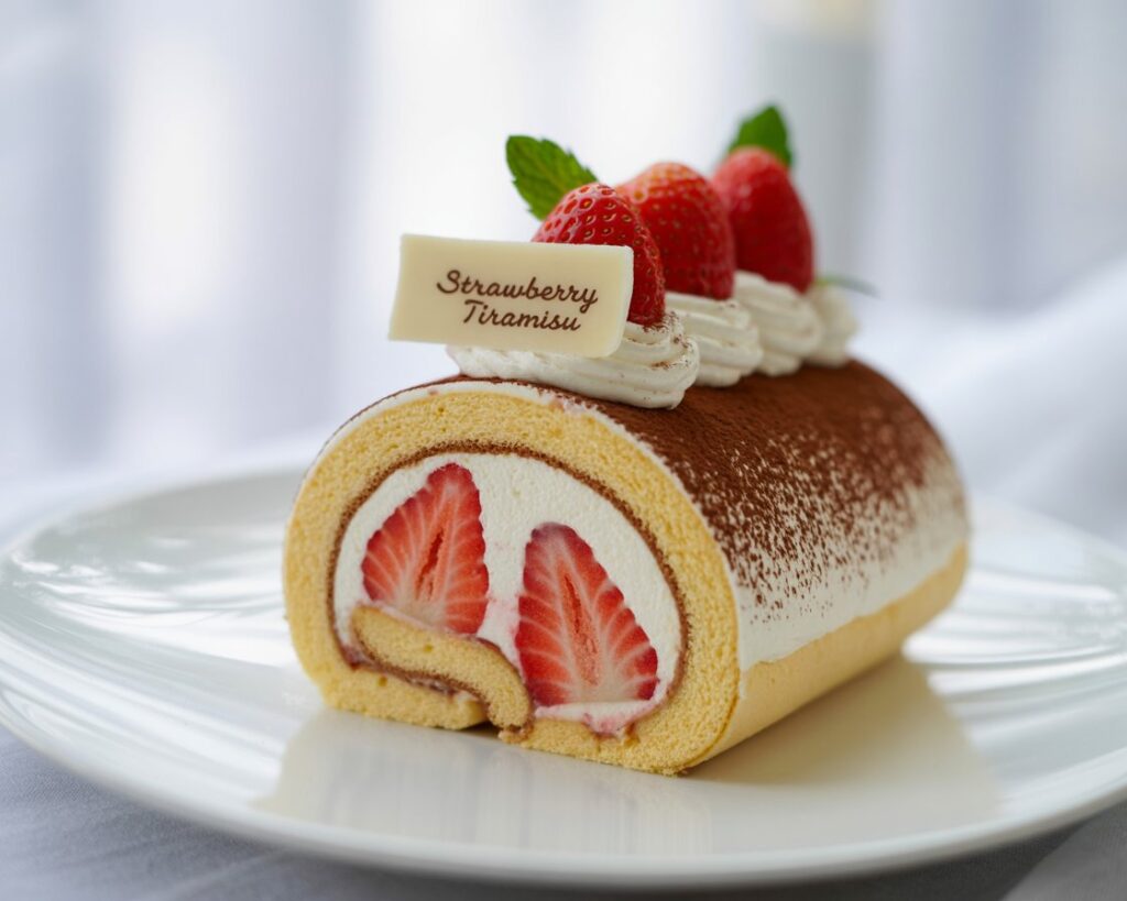 Slice of fluffy tiramisu roll with strawberry pieces on a white plate