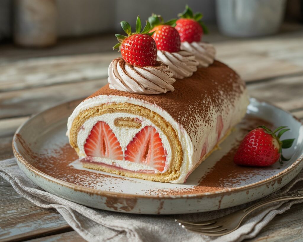 Moist fluffy strawberry tiramisu roll sliced to show creamy layers and fresh strawberries
