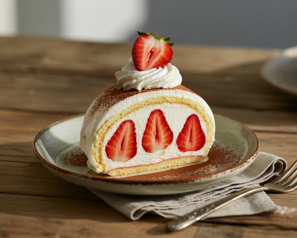 Close up of strawberry tiramisu roll with mascarpone filling and dusted cocoa powder