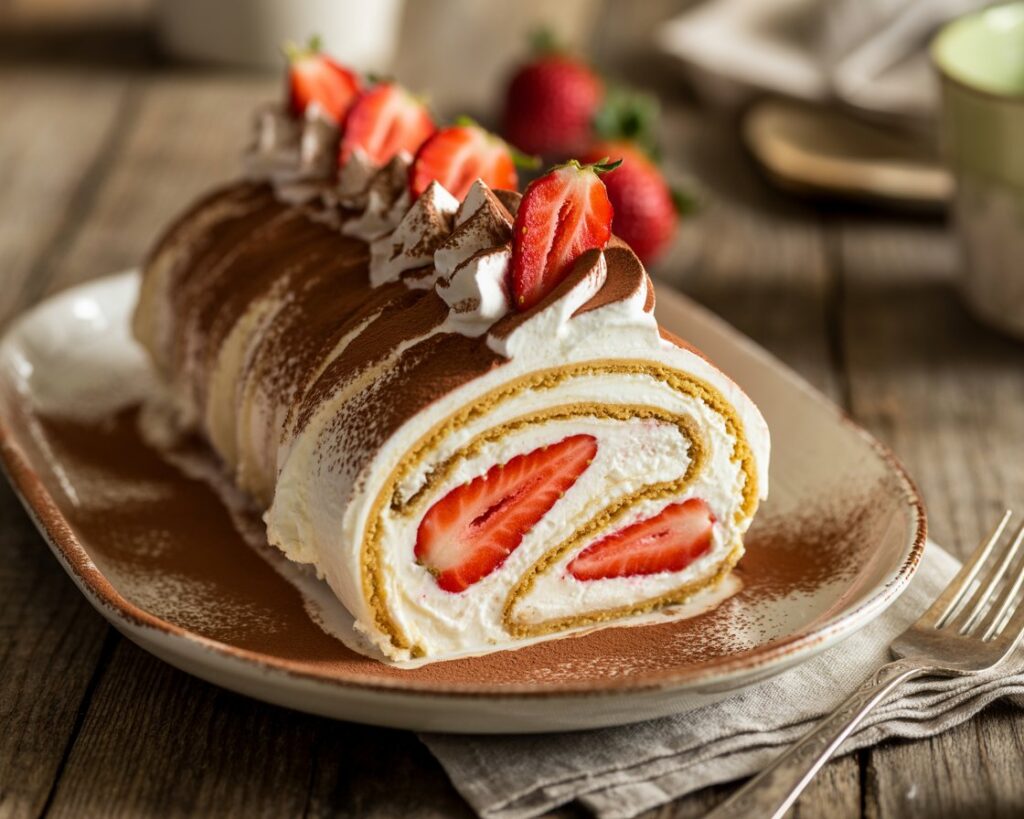 Homemade strawberry tiramisu roll with soft sponge cake and whipped cream