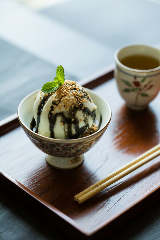 Homemade vegan Chinese style ice cream in a porcelain bowl with smooth texture