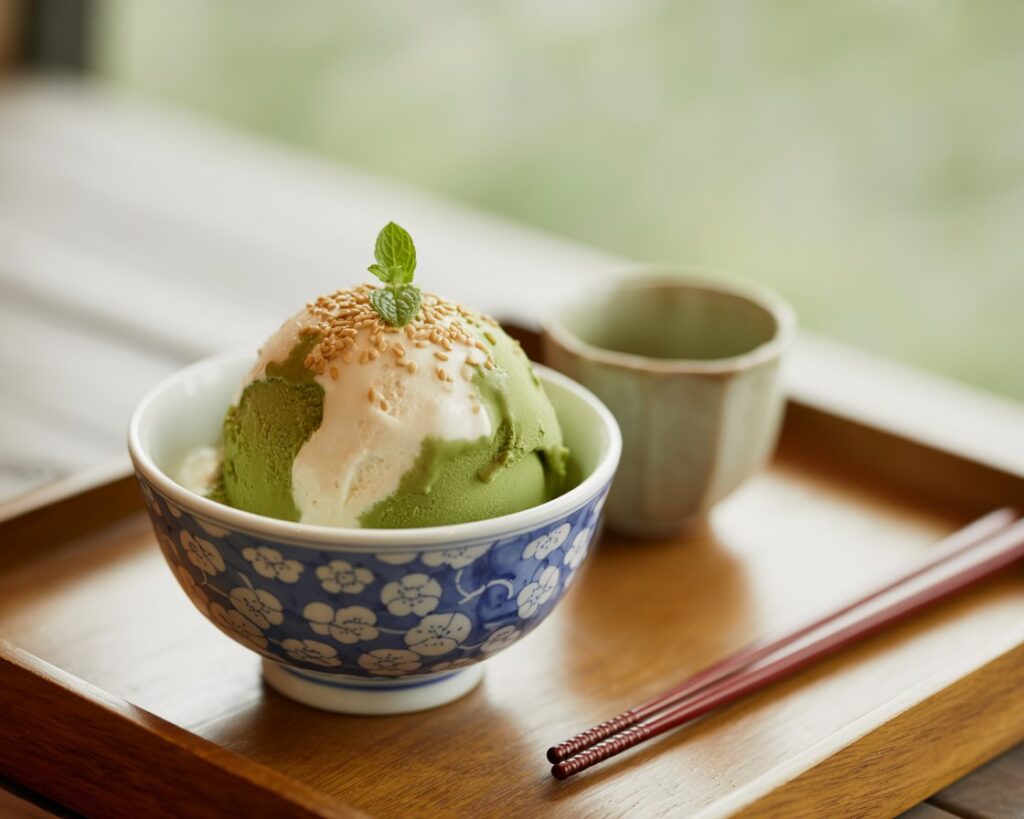 Close up of creamy vegan Chinese ice cream garnished with fresh fruit and herbs