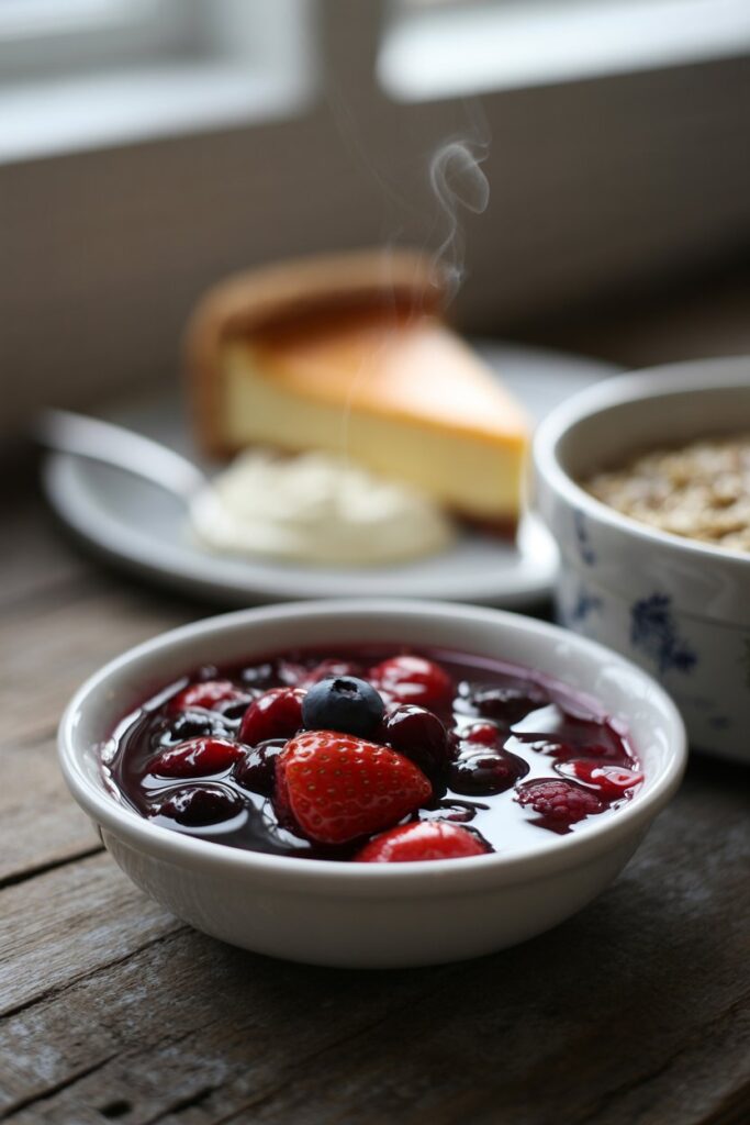 Pot of simmering berry compote with wooden spoon