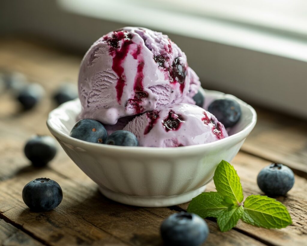 Close up of homemade blueberry ice cream with smooth texture in scoop