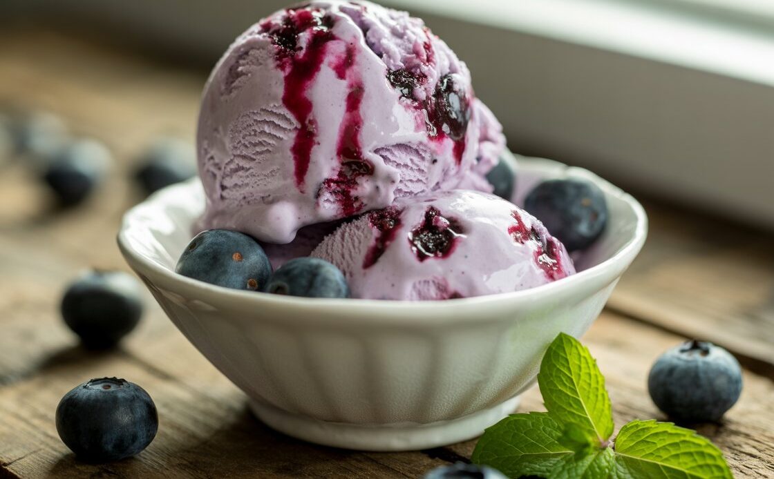 Close up of homemade blueberry ice cream with smooth texture in scoop