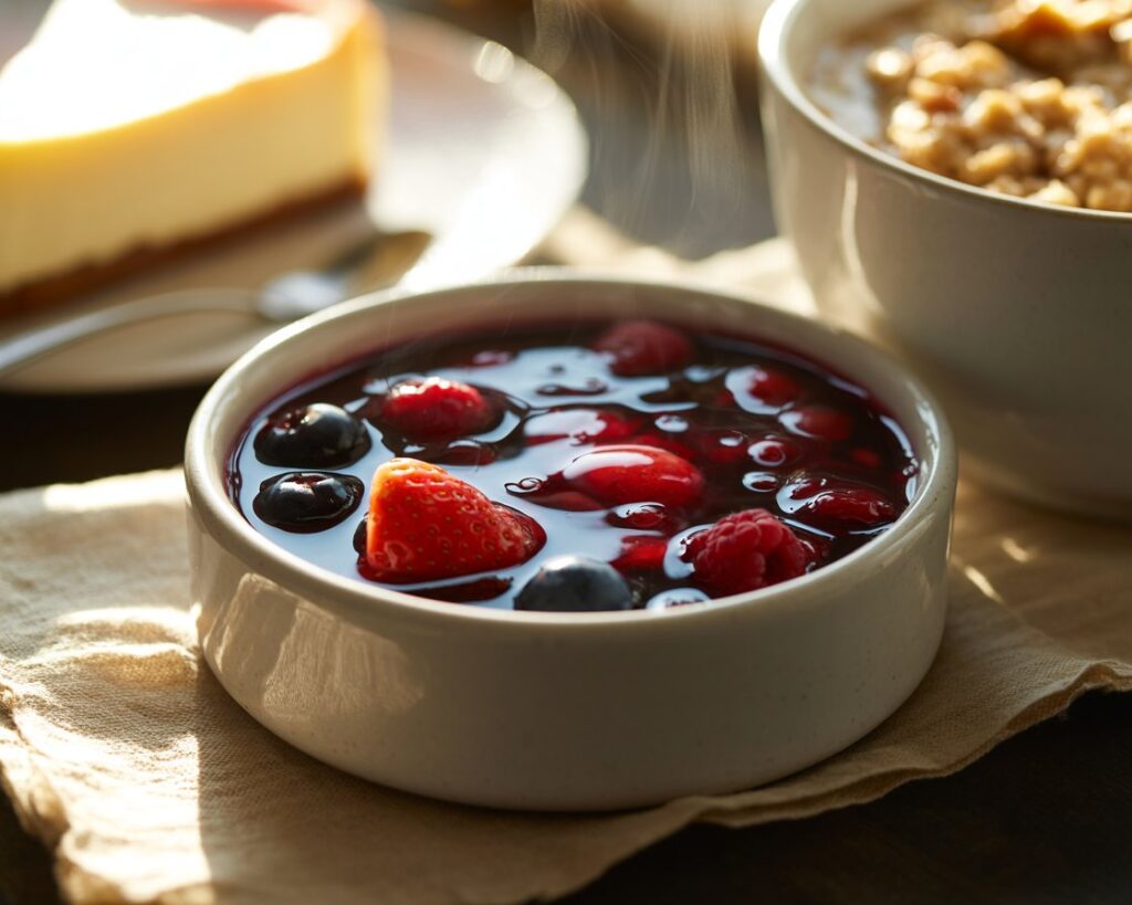 Homemade berry compote topping on slice of cheesecake