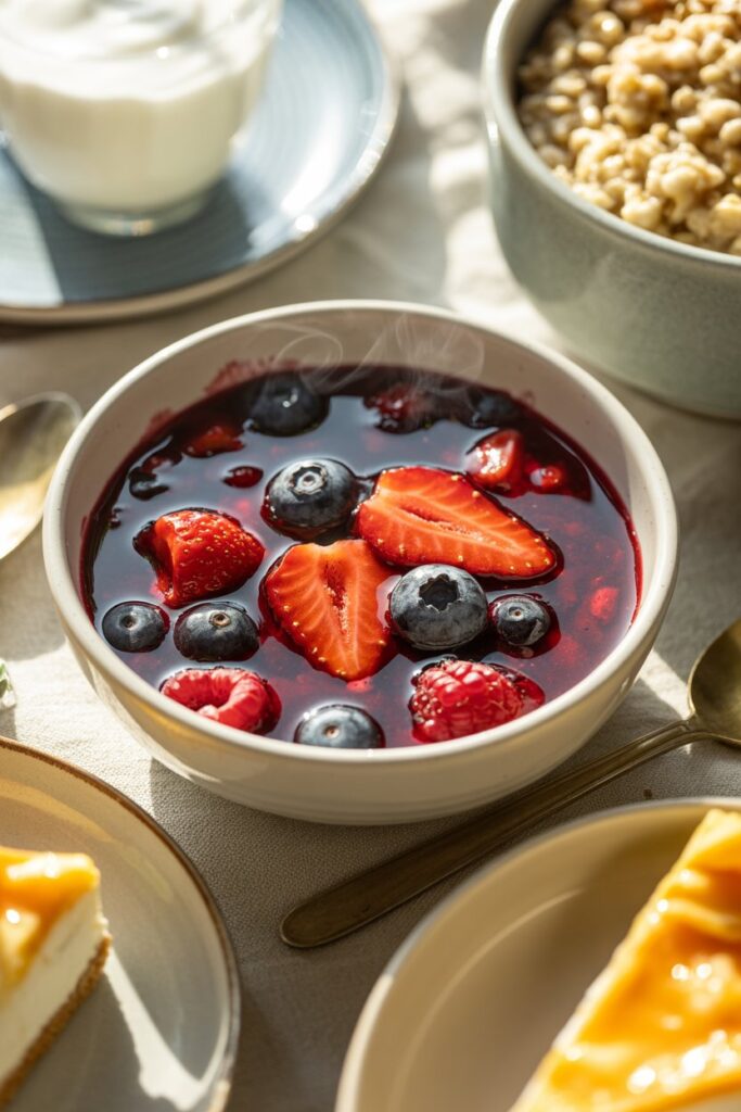 Dessert plate with cheesecake drizzled in warm berry compote