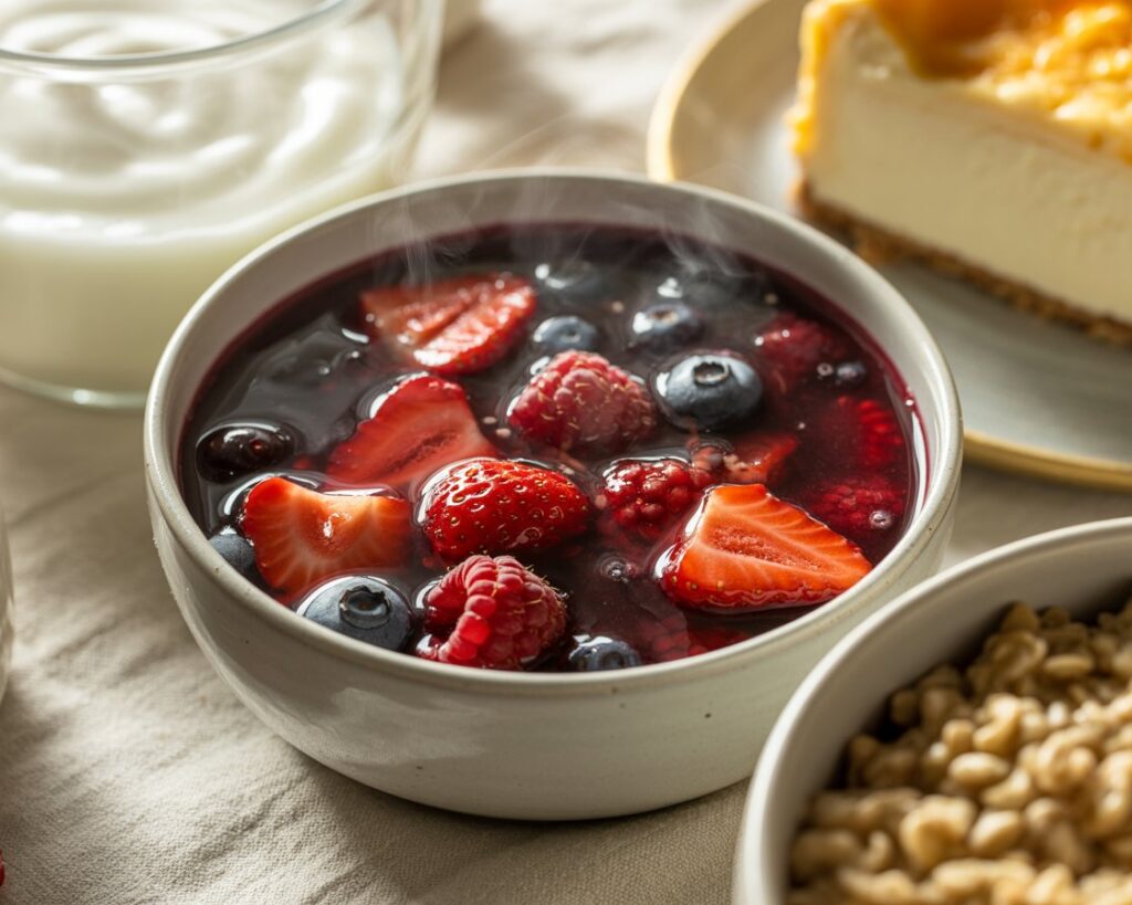 Warm berry compote poured over creamy yogurt in a glass cup
