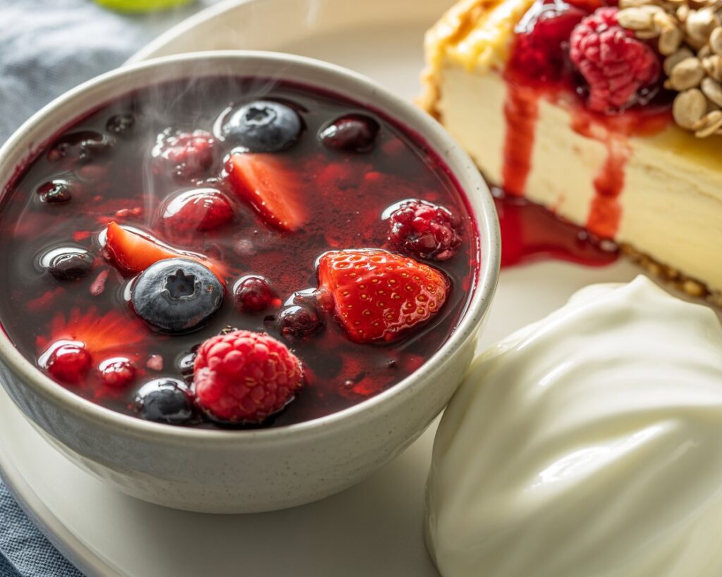 Bowl of warm berry compote with fresh strawberries blueberries and raspberries