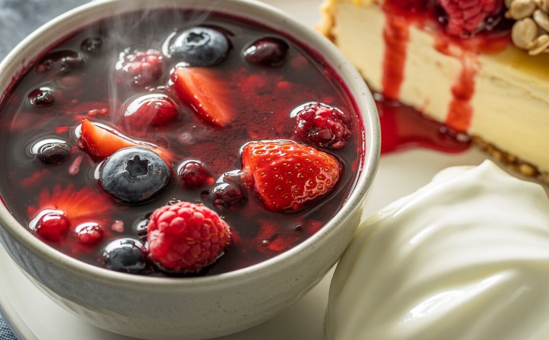 Bowl of warm berry compote with fresh strawberries blueberries and raspberries