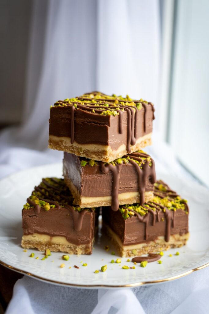 No bake chocolate pistachio cheesecake bars with creamy layers and chopped pistachios on top