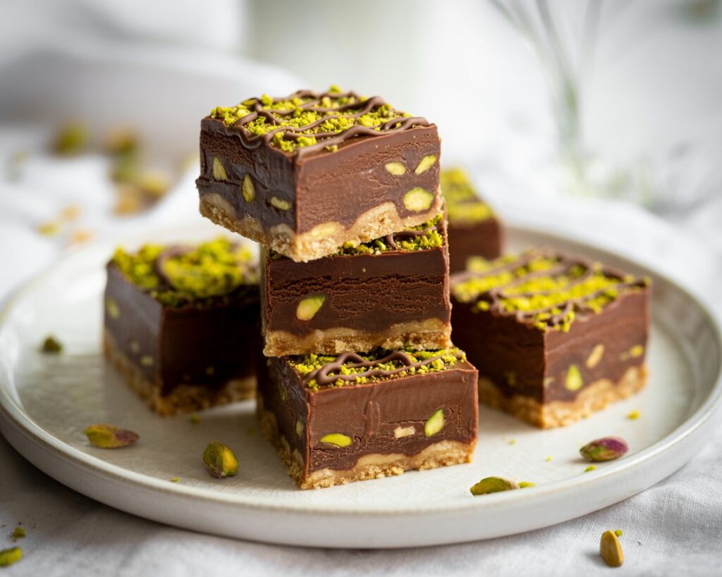 Slice of no bake chocolate pistachio cheesecake on a plate ready to serve