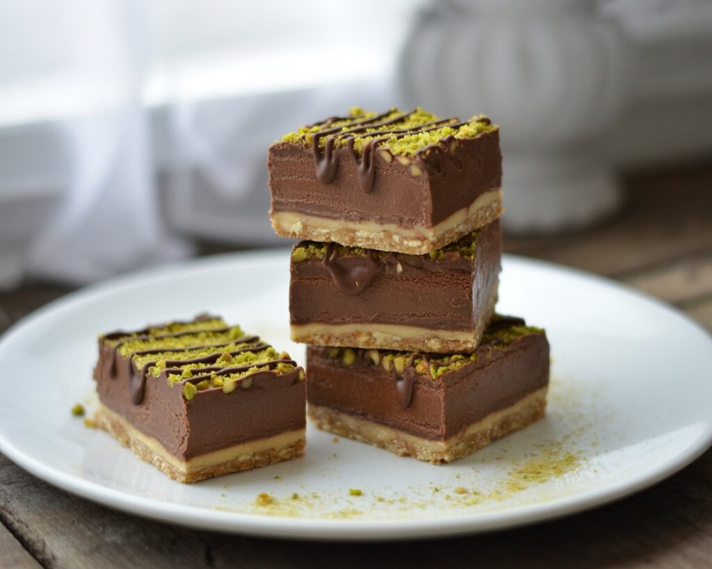 Tray of chocolate pistachio cheesecake bars with nutty topping and smooth chocolate layer