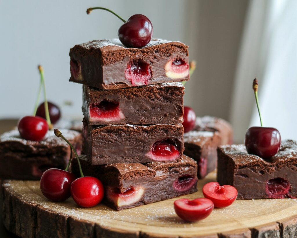 Stack of chocolate cherry brownies with gooey texture