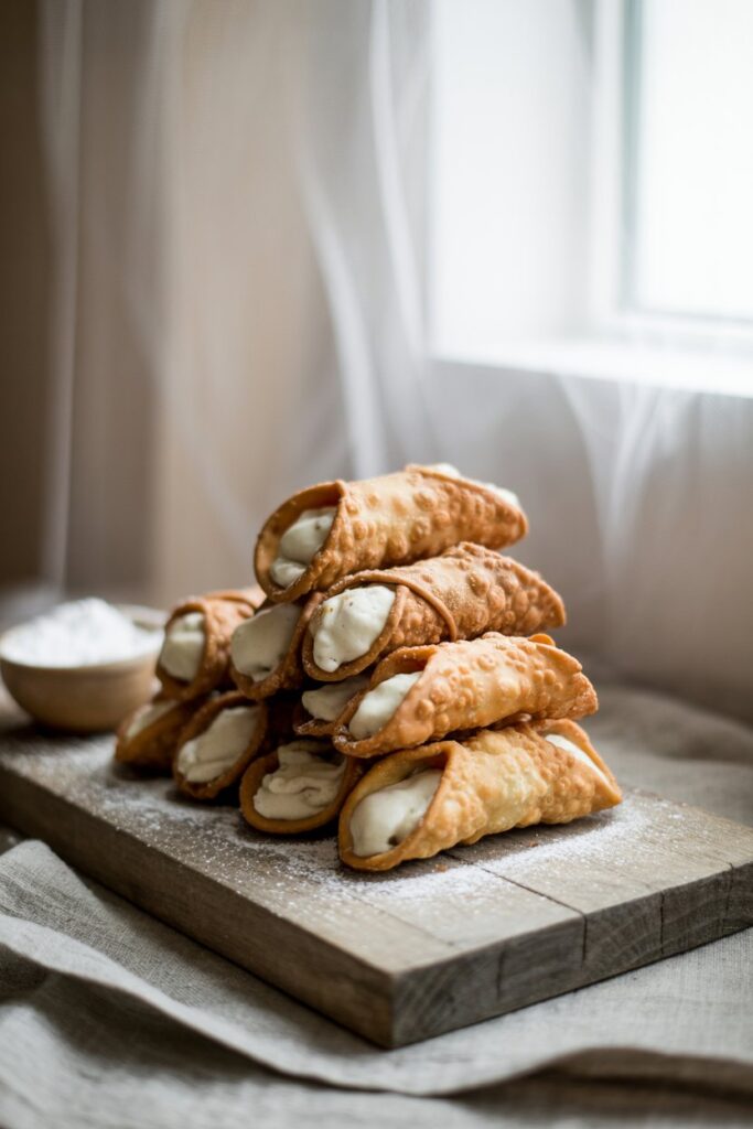 Close up of crisp cannoli shells with textured surface on a baking tray
