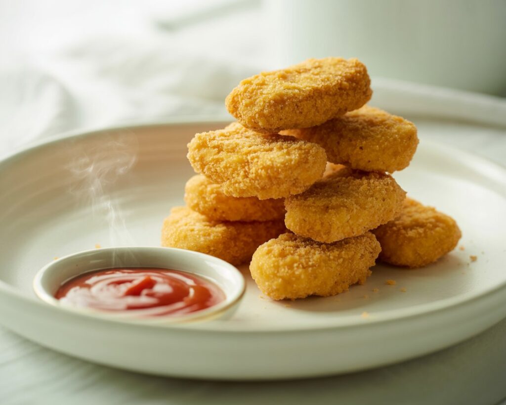 Plate of homemade chicken nuggets with ketchup and herbs on the side