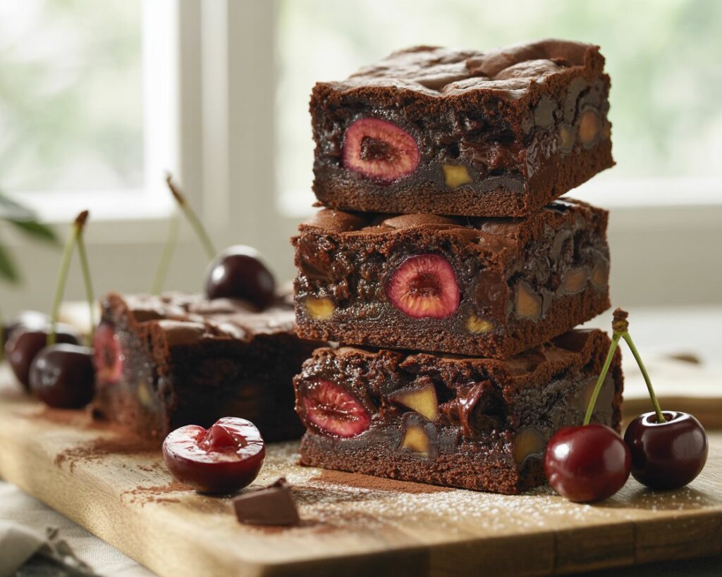 Cherry brownies served with powdered sugar dusting