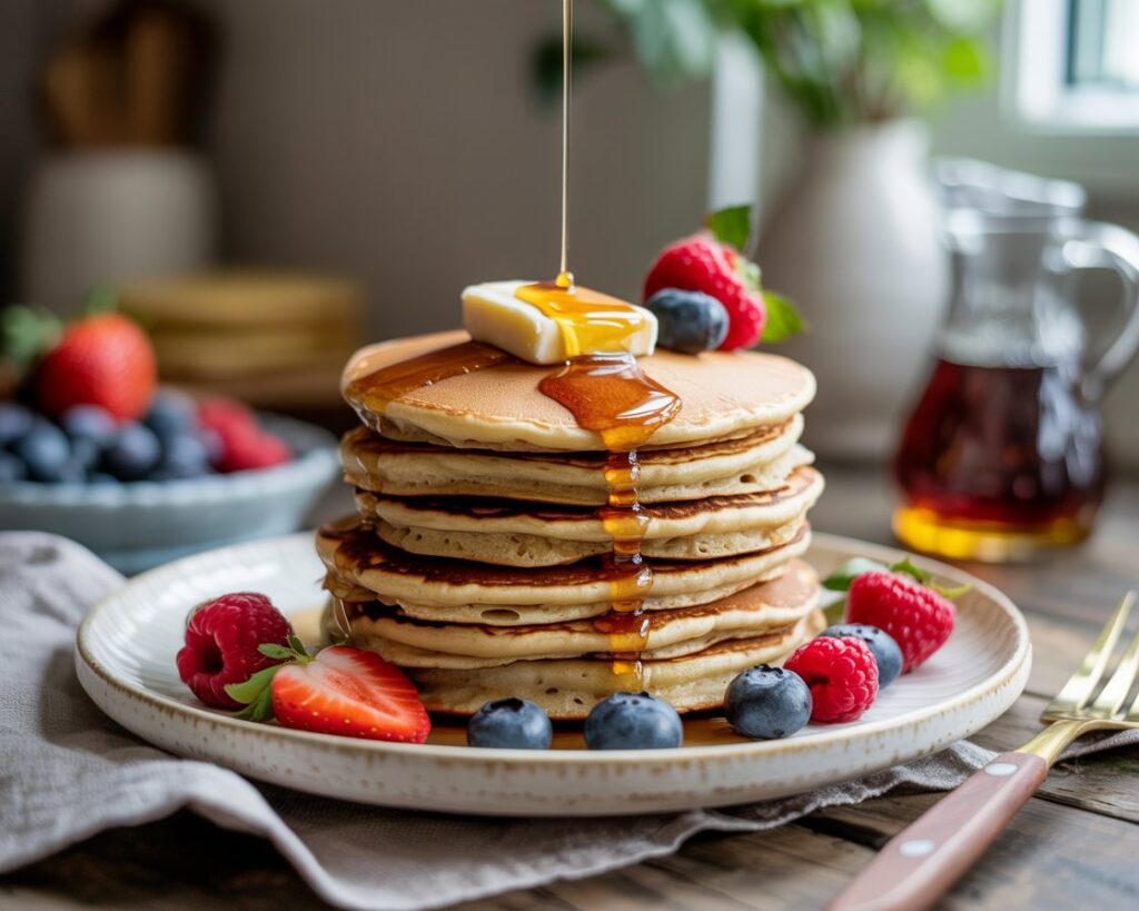 Stack of fluffy vegan pancakes topped with fresh berries and maple syrup