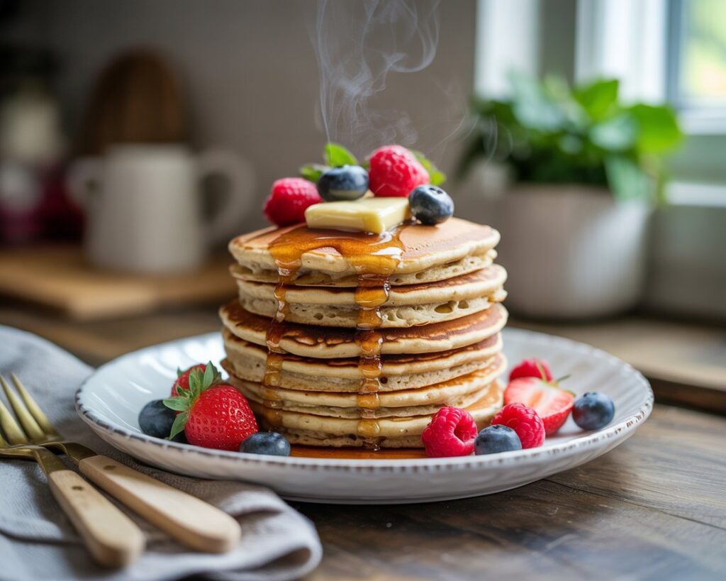 Golden-brown vegan pancakes served on a white plate with banana slices