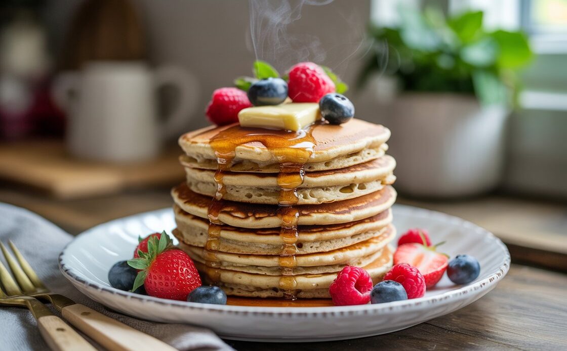 Golden-brown vegan pancakes served on a white plate with banana slices