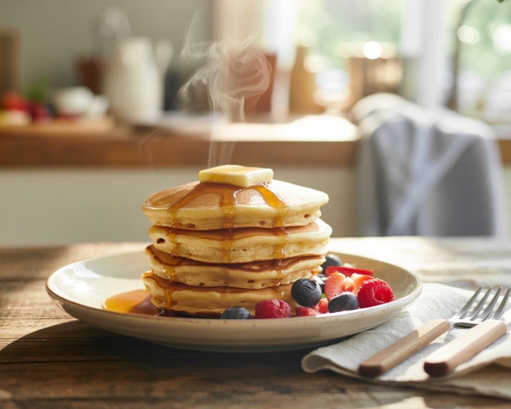 Close-up of soft, fluffy vegan pancakes with syrup dripping down
