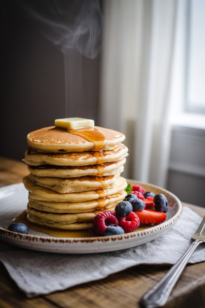 Tall stack of egg-free pancakes garnished with strawberries and mint
