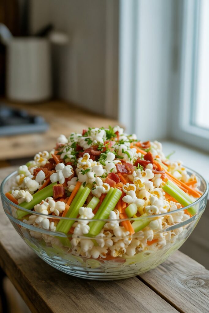 Popcorn salad topped with fresh herbs served in large dish