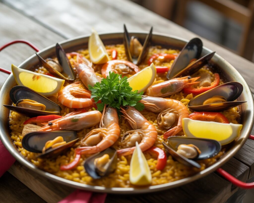 Pan of Spanish paella with vibrant saffron rice and mixed seafood and meat