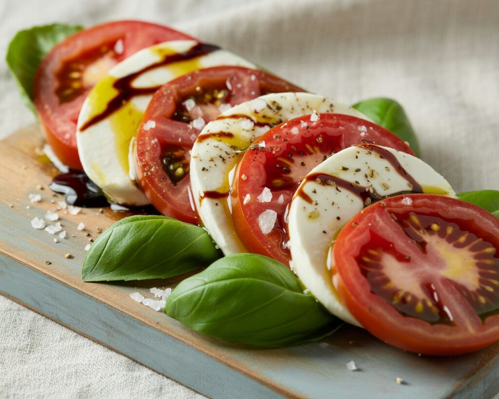 Close up of caprese salad drizzled with balsamic glaze