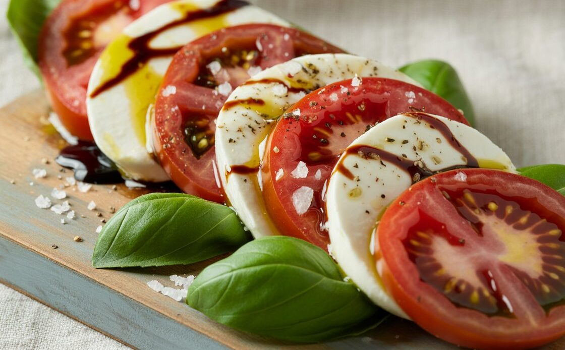 Close up of caprese salad drizzled with balsamic glaze