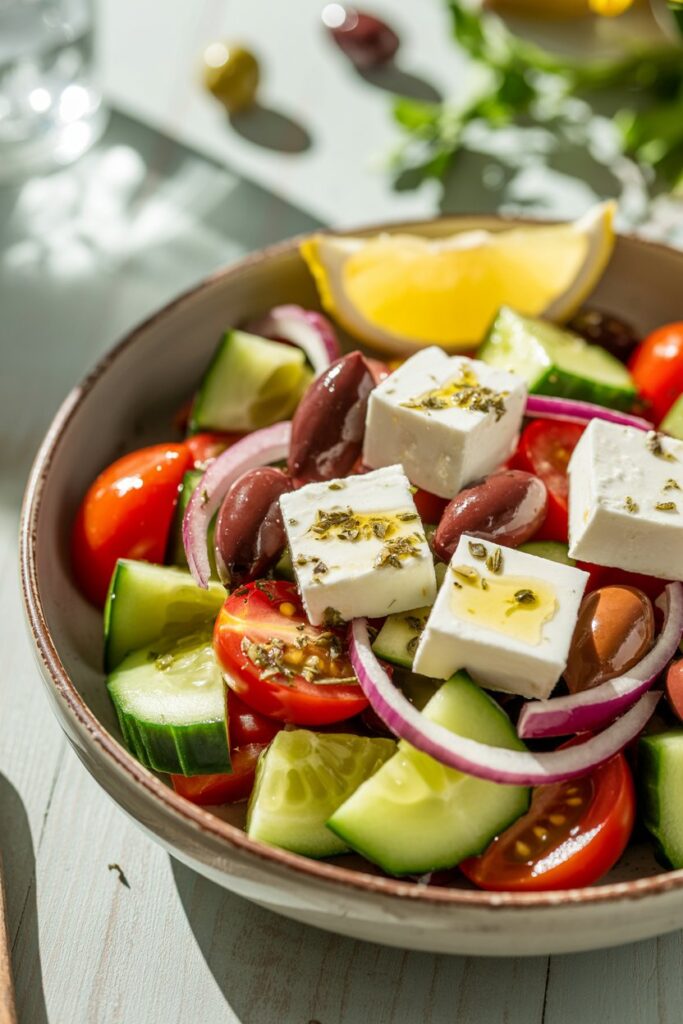 Homemade Greek salad with cherry tomatoes cucumbers olives and fresh herbs