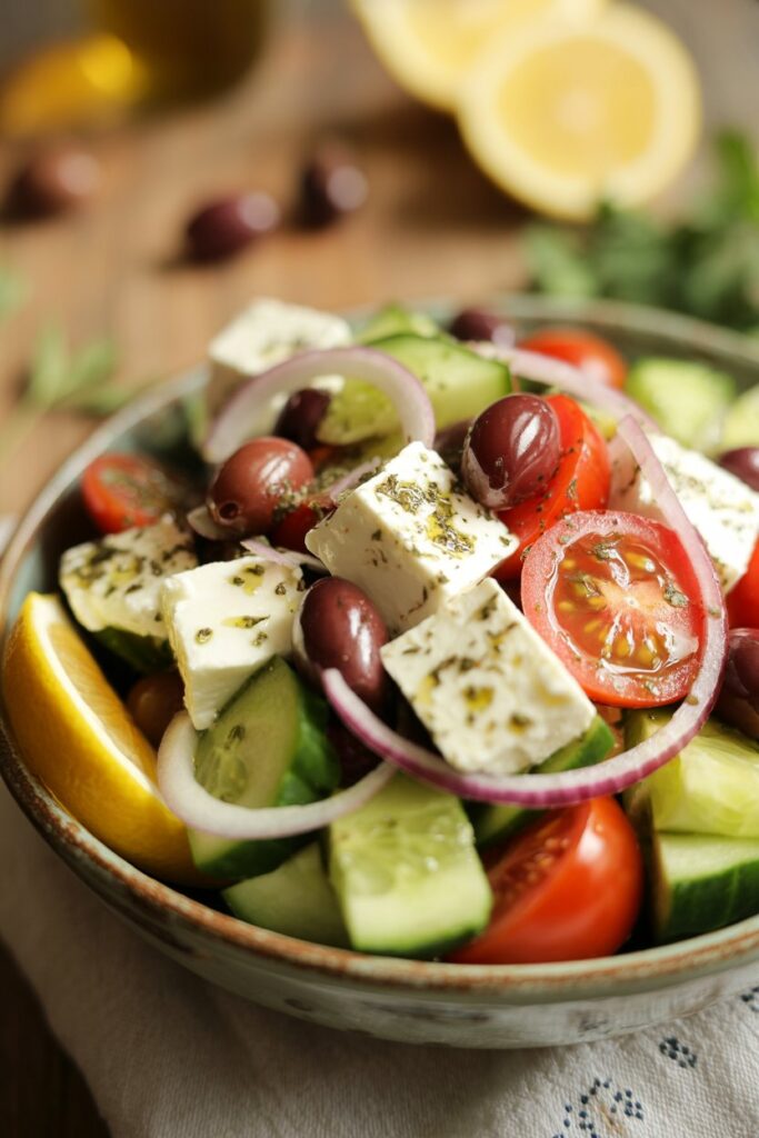 Fresh Greek salad with tomatoes cucumbers olives and feta cheese in a white bowl