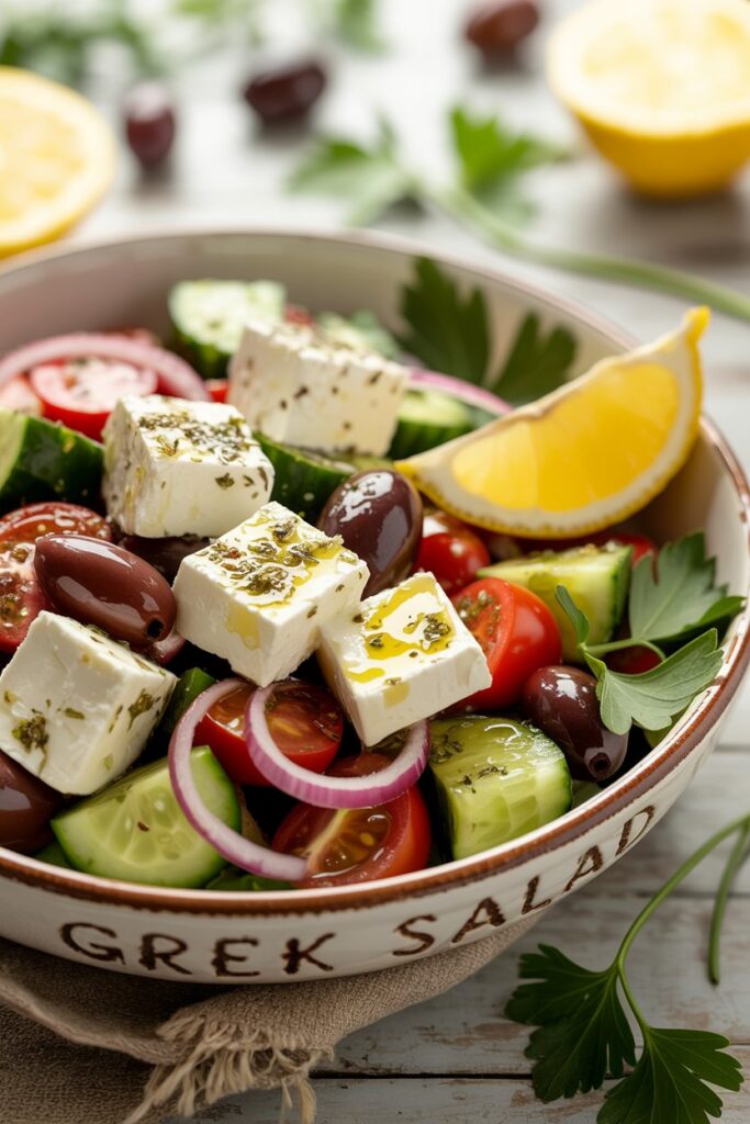 Colorful Greek salad with red onions bell peppers and crumbled feta on a wooden table