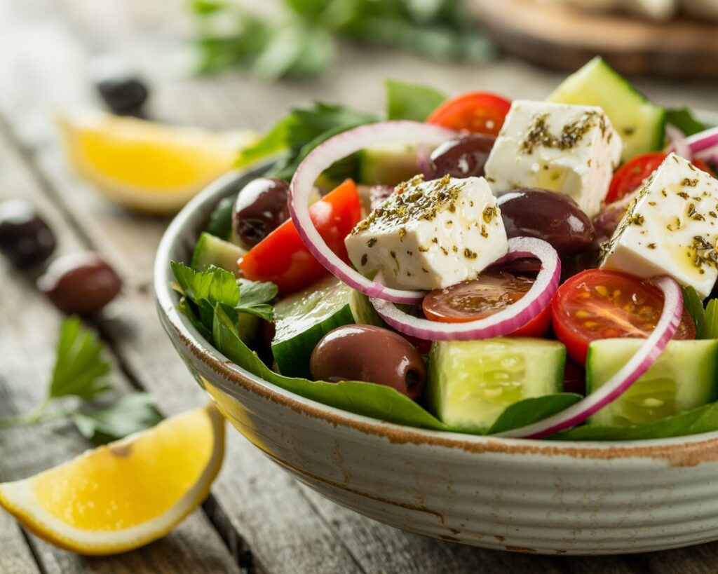 Easy Greek salad with fresh ingredients in a bowl for a healthy meal