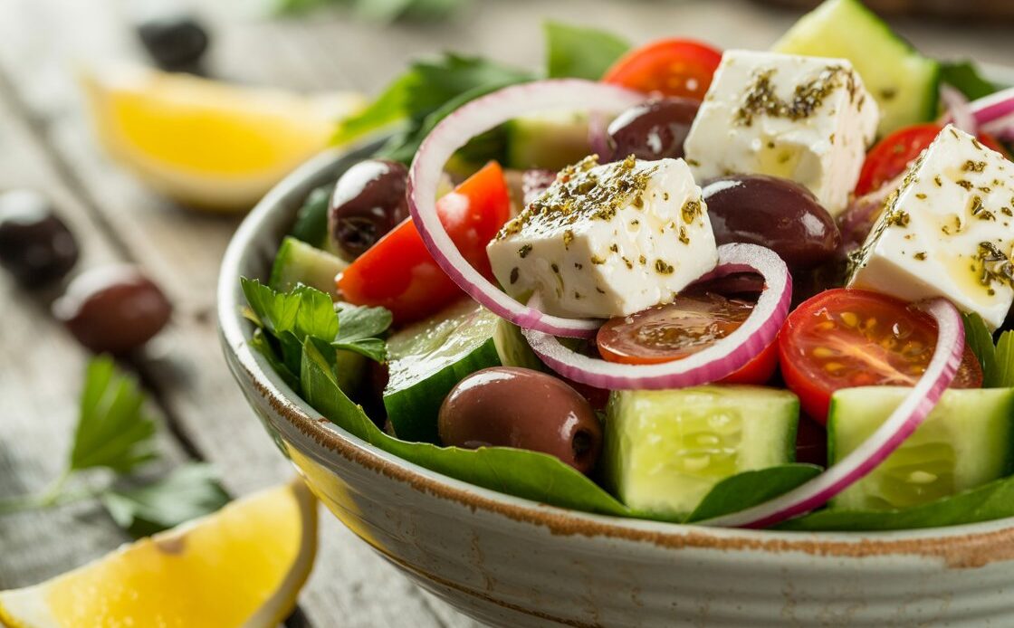 Easy Greek salad with fresh ingredients in a bowl for a healthy meal