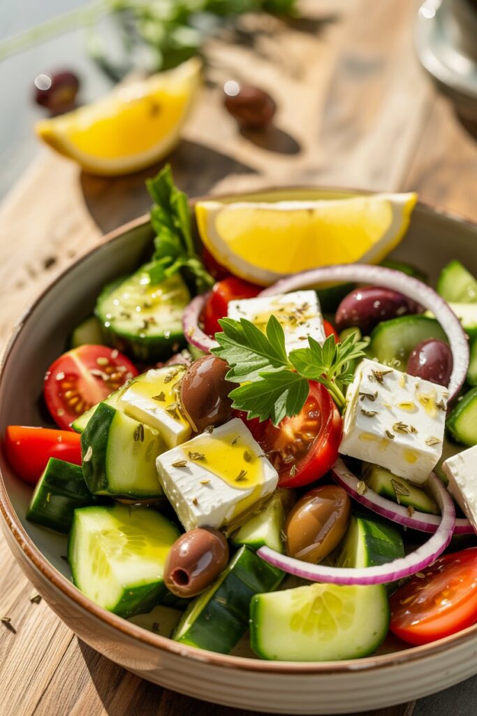 Plate of Greek salad with feta cheese olives and sliced vegetables ready to serve