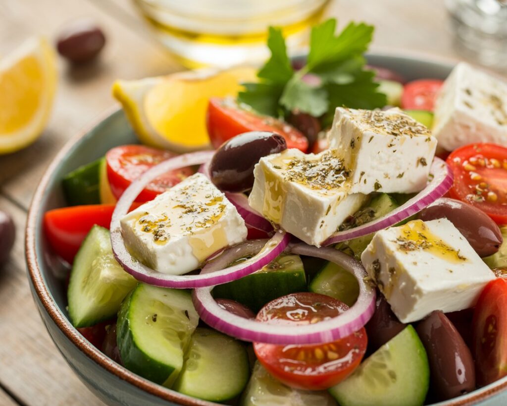 Close up of Greek salad with vibrant vegetables and crumbled feta cheese