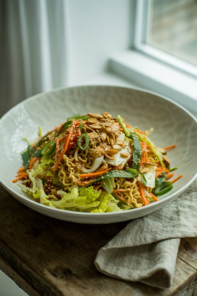 Fresh napa cabbage salad mixed with ramen noodles and colorful vegetables