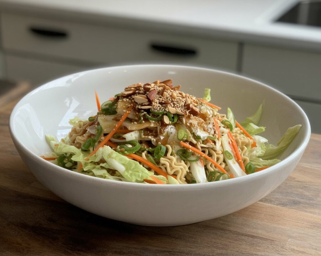 Homemade ramen noodle salad with napa cabbage served in a large bowl